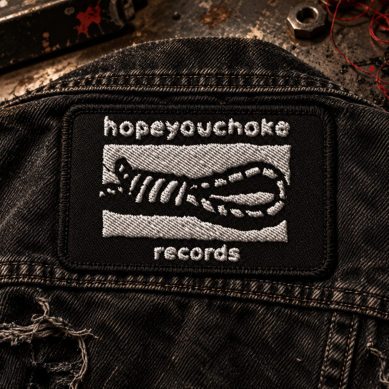 HOPEYOUCHOKE Records embroidered patch on a black jacket