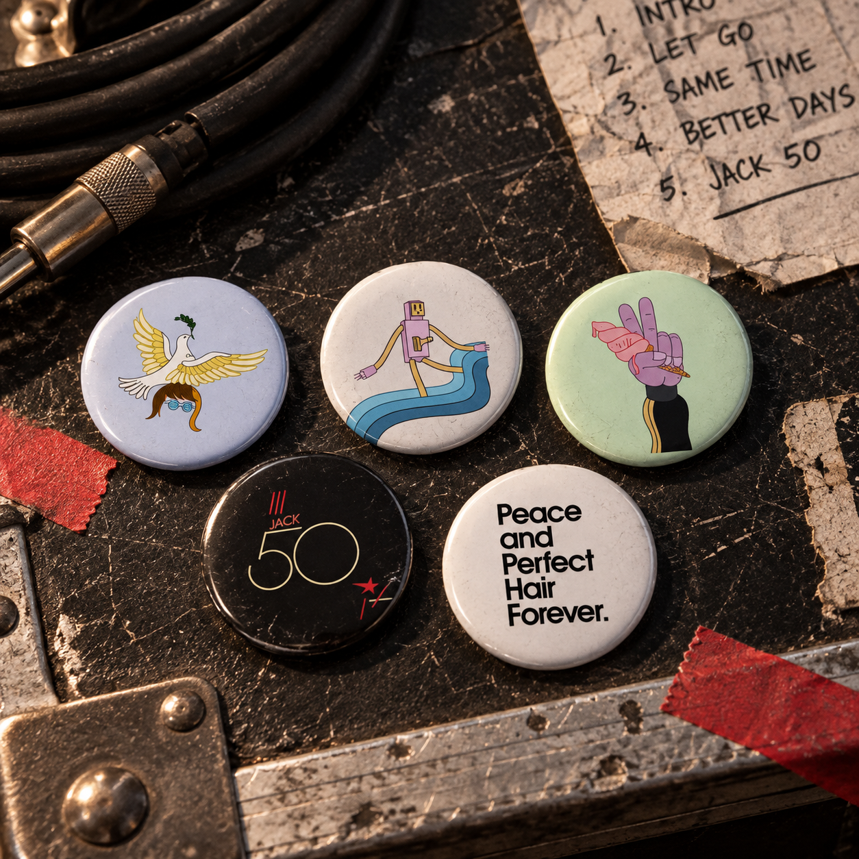 Five-piece Jack50 pin set on a scratched road case