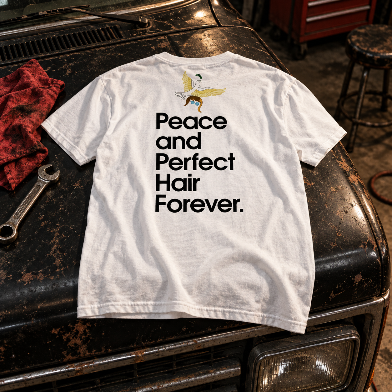White Jack50 Peace and Perfect Hair Forever tee on a truck hood