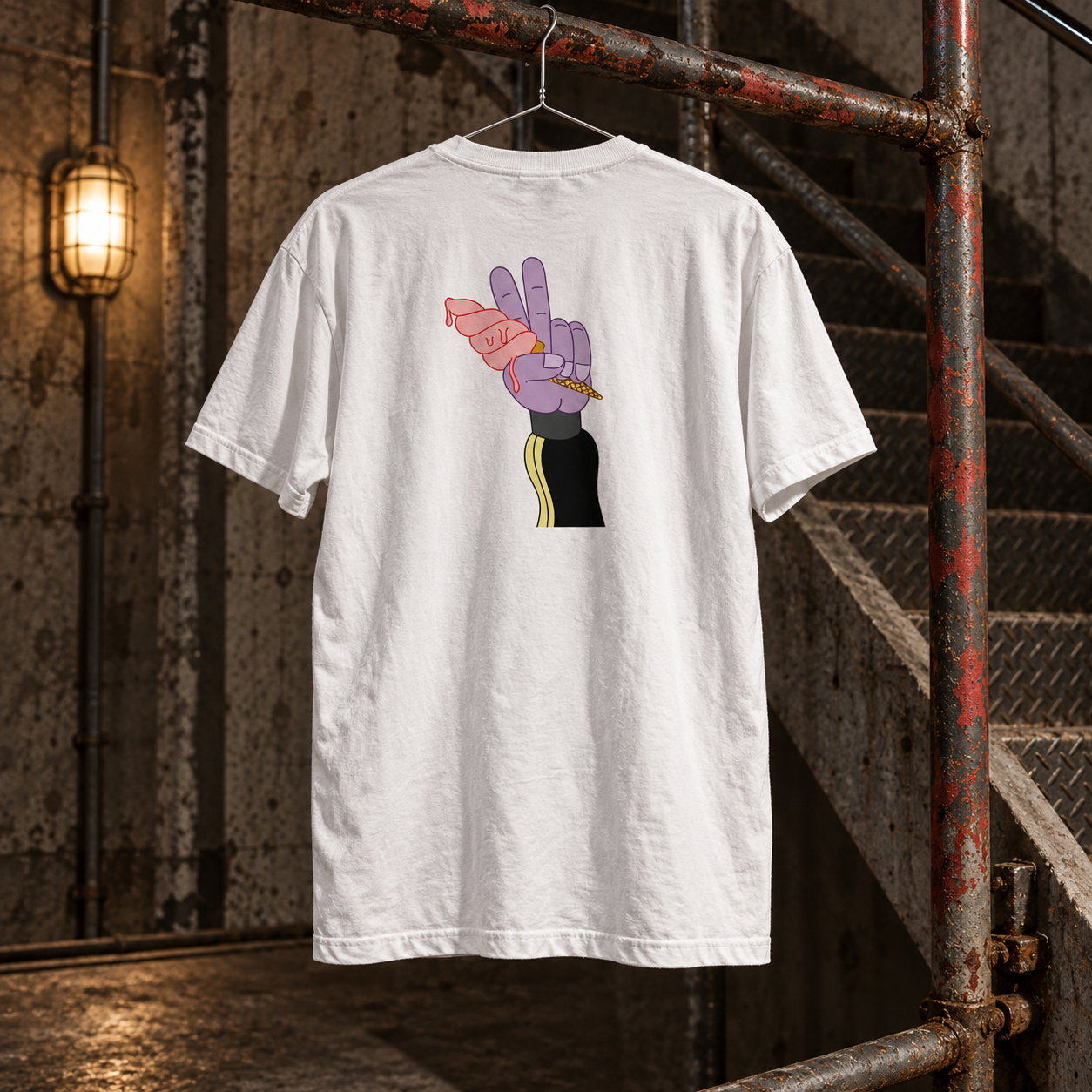 White Jack50 Twist in Five for Peace tee in a workshop