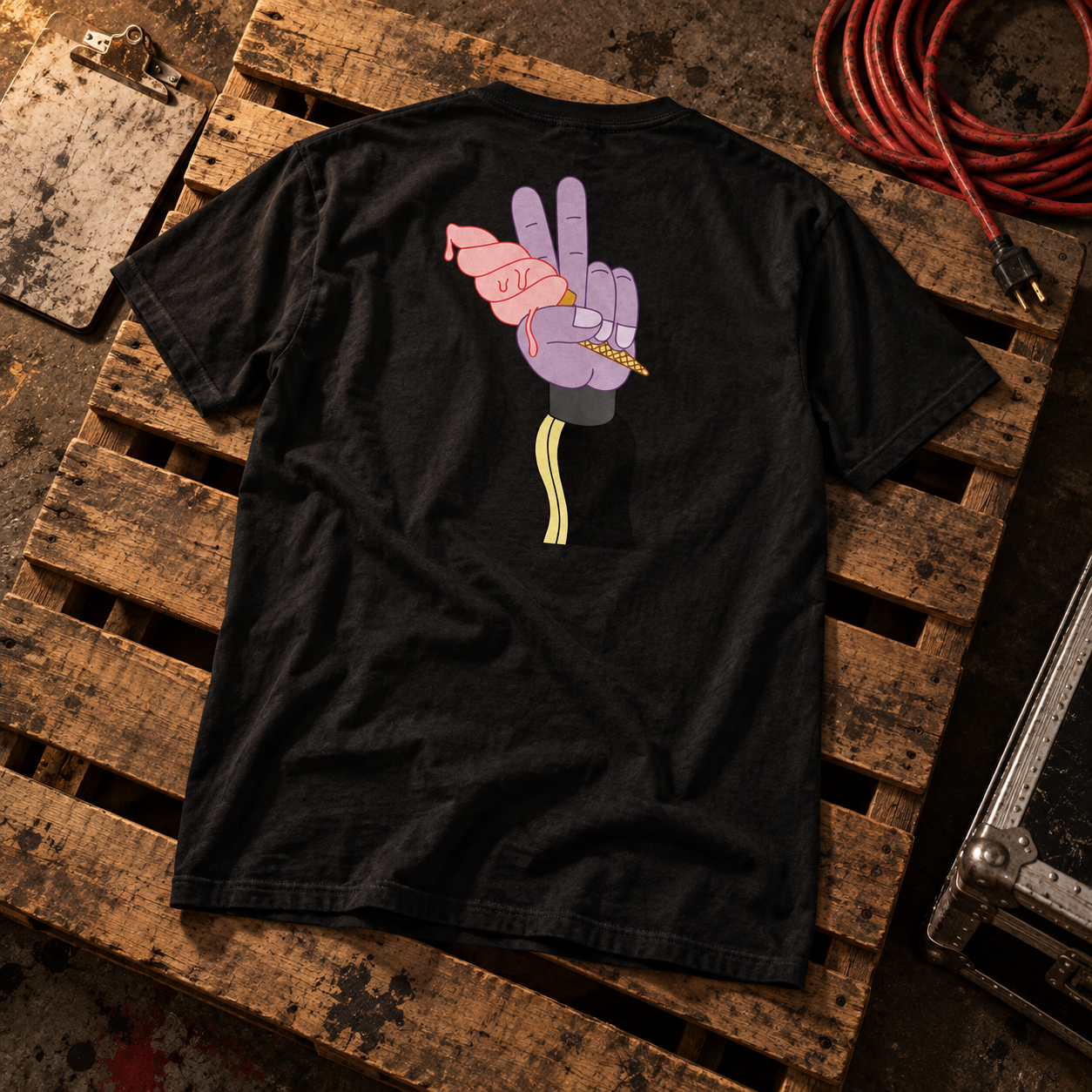 Black Jack50 Twist in Five for Peace tee on a workshop pallet