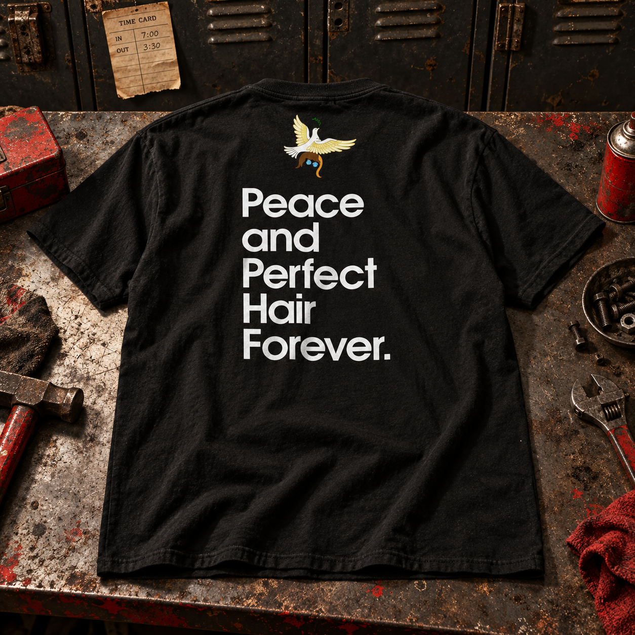 Black Jack50 Peace and Perfect Hair Forever tee in a workshop
