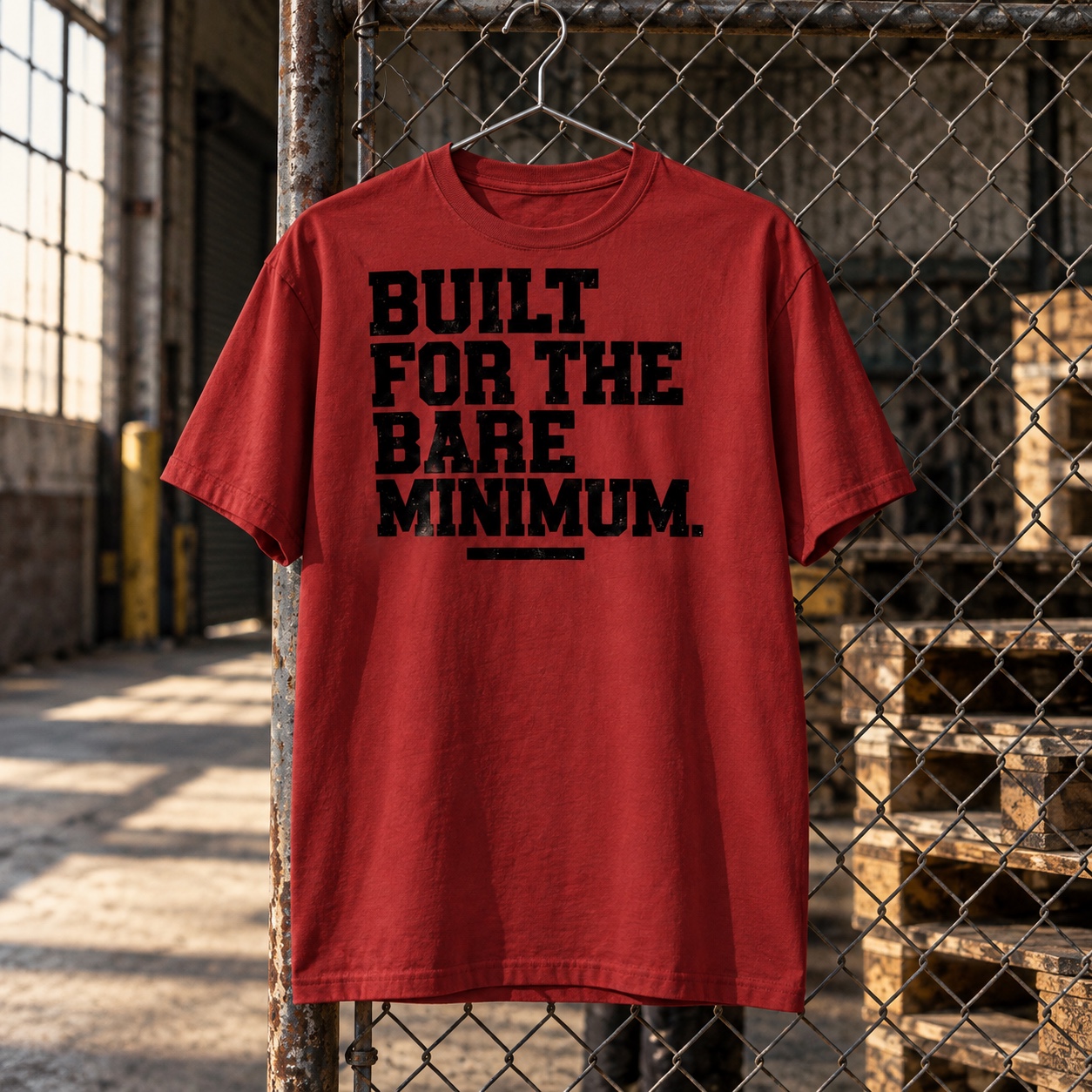 Brick red Built for the Bare Minimum Tee in an industrial setting