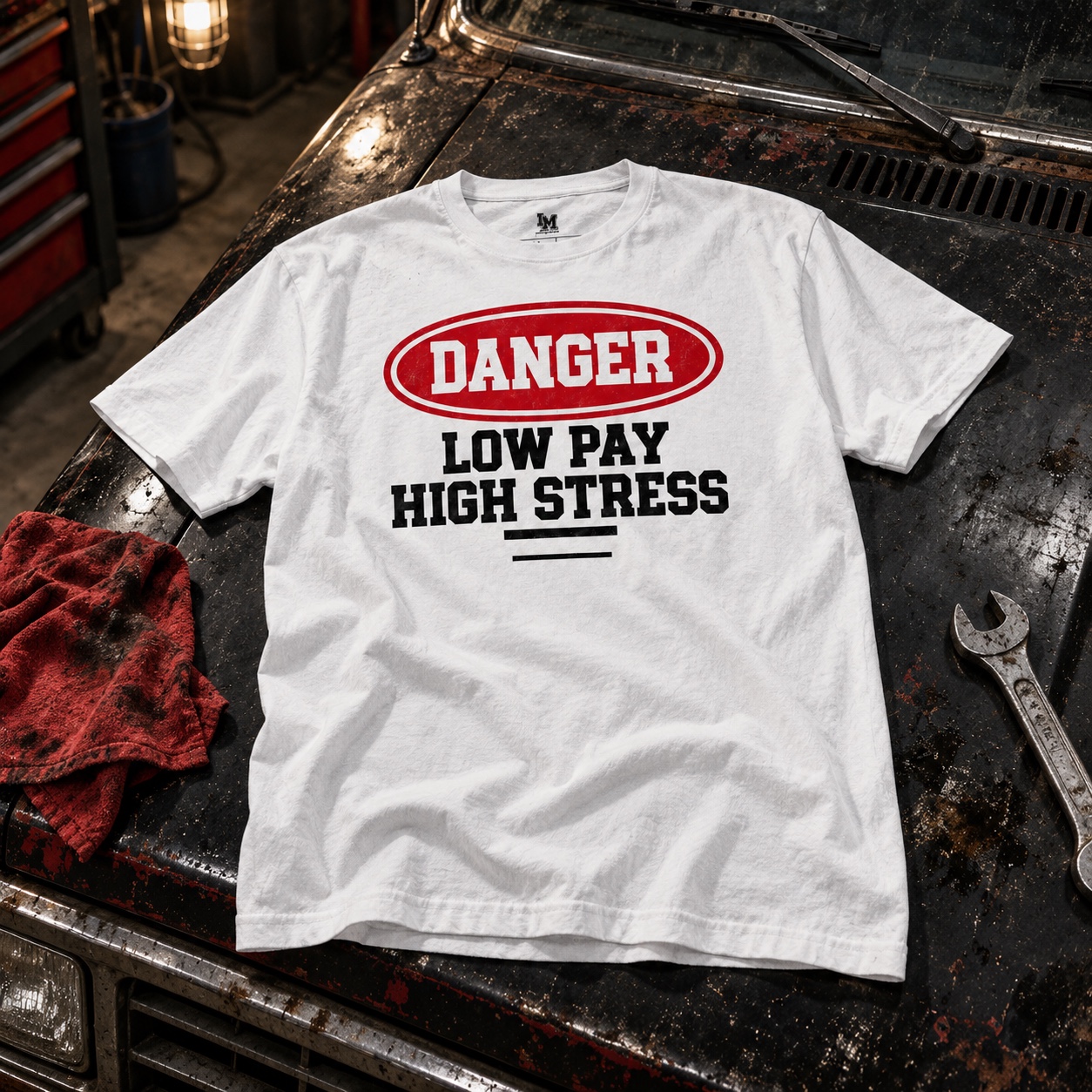White LOW MORALE Danger Tee on a worn workshop surface