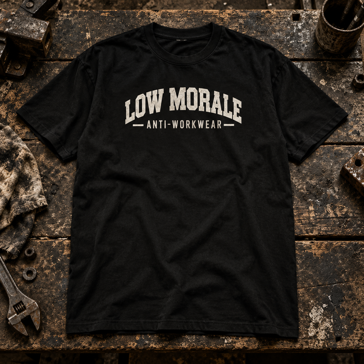 Black LOW MORALE Logo Tee on a worn workshop bench