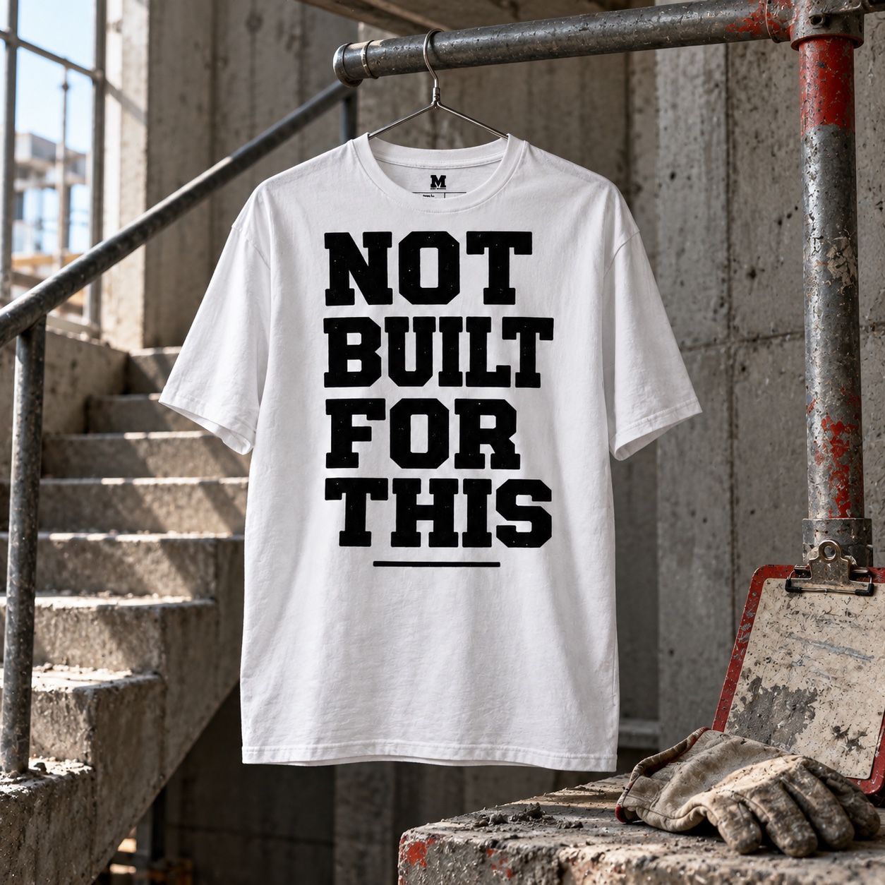 White LOW MORALE Not Built for This Tee in an industrial setting