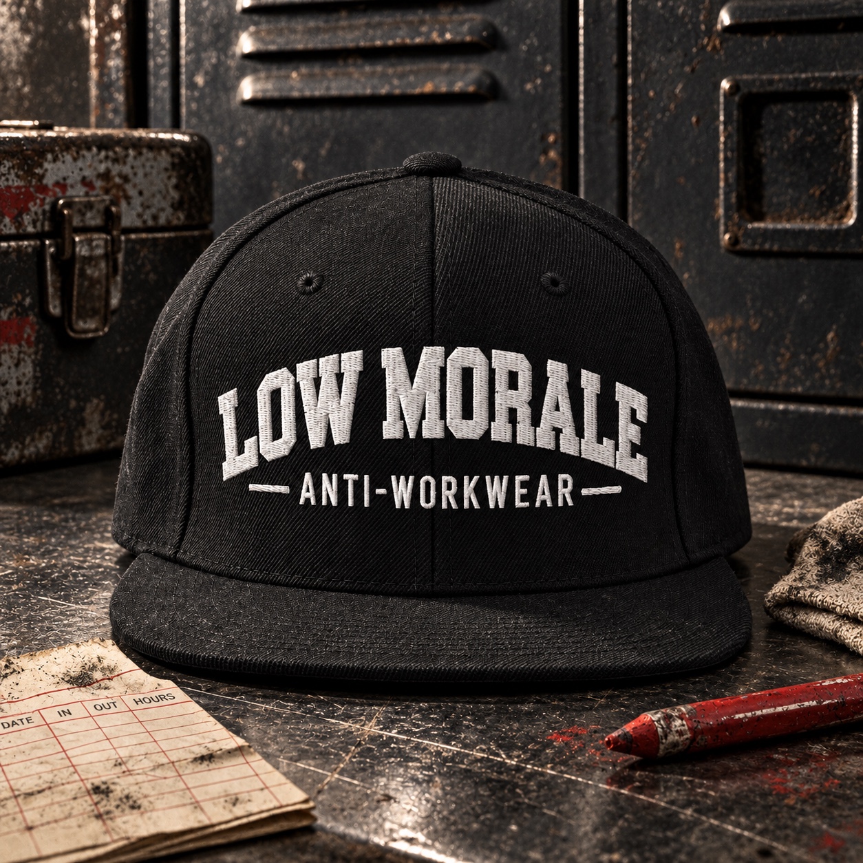 Black LOW MORALE Logo Classic Snapback in a gritty workshop setting