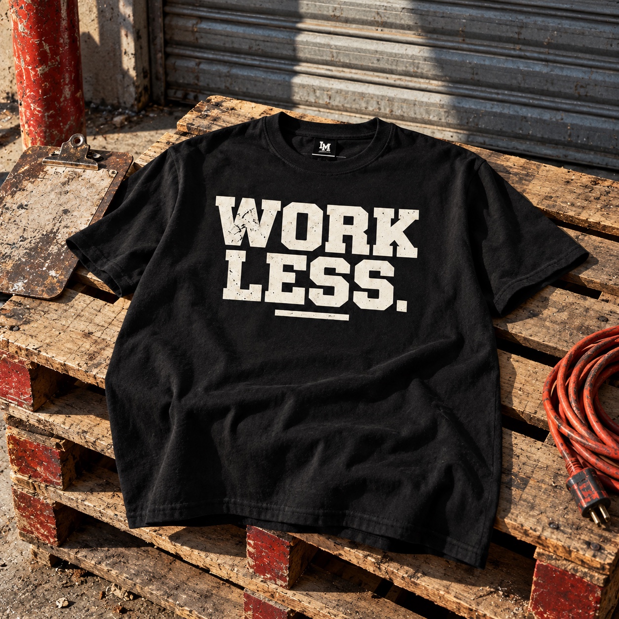 Black LOW MORALE Work Less Tee on a worn workshop pallet